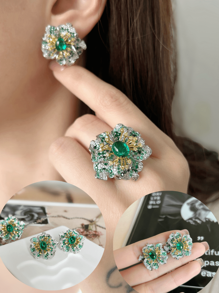 Seasons Change, Flowers Bloom Eternally —— Emerald Ring and Earring Set 💎 2 Seasons Change, Flowers Bloom Eternally —— Emerald Ring and Earring Set 💎