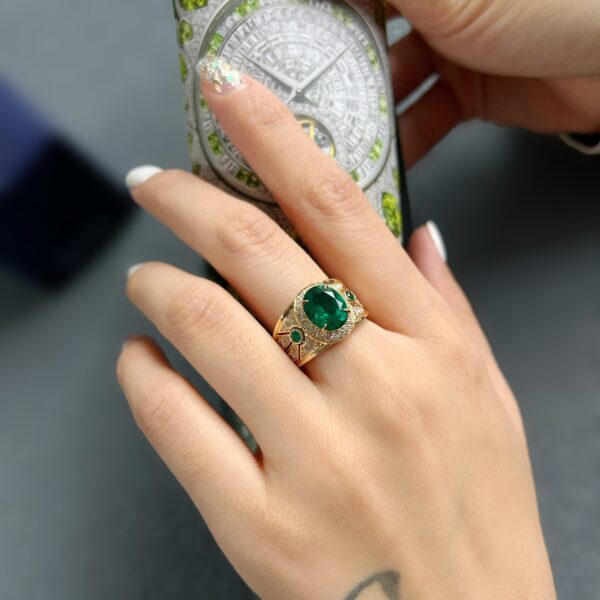 Heavy Gold  Oval Lab-Grown Emerald Ring - Image 5