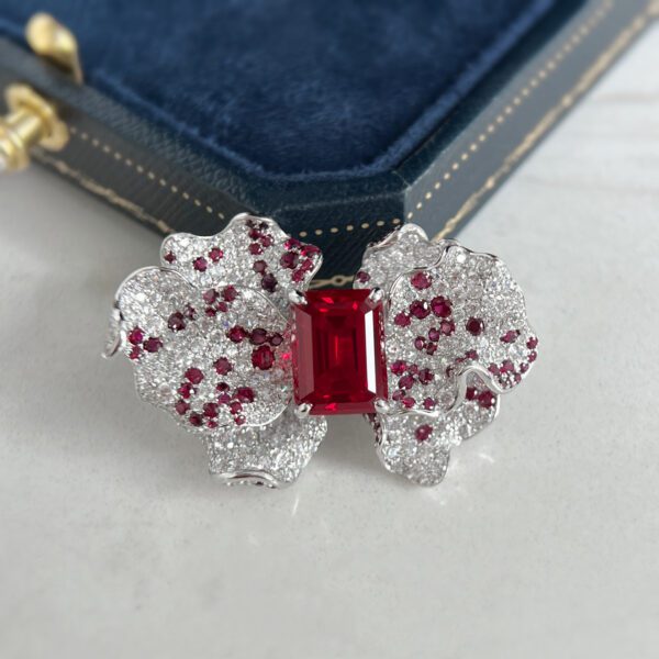 Gorgeous Flower, 18K Gold Lab Grown Ruby ​​ Brooch  Pendant Duo