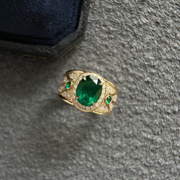 Heavy Gold  Oval Lab-Grown Emerald Ring - Image 3