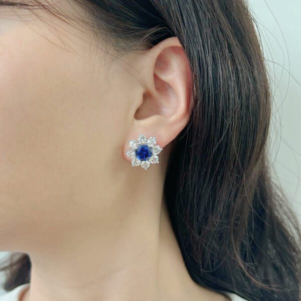 18K White Gold Lab Grown  Sapphire Sunflower Earrings