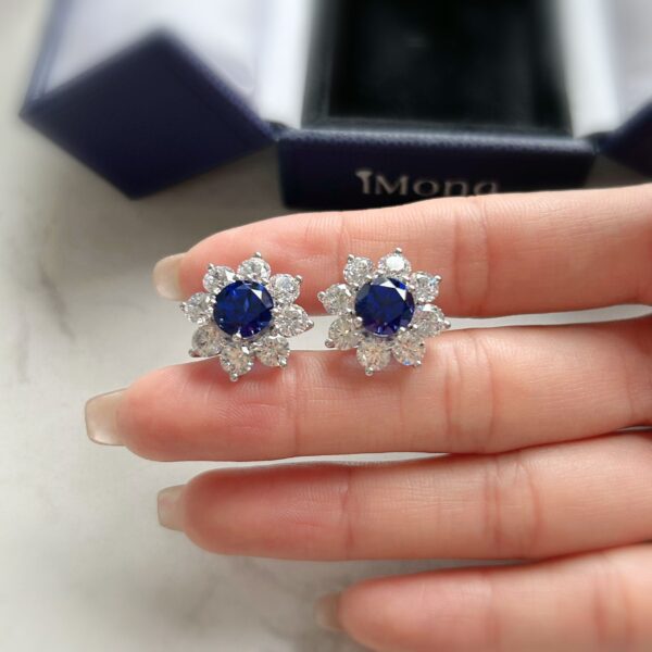 18K White Gold Lab Grown  Sapphire Sunflower Earrings - Image 5