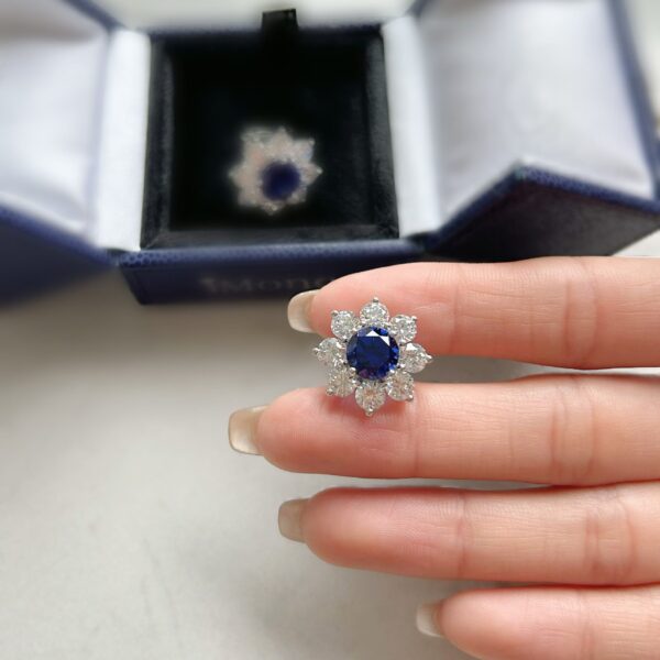 18K White Gold Lab Grown  Sapphire Sunflower Earrings - Image 6