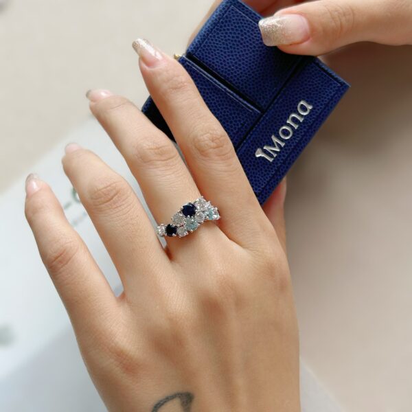 18K White Gold Lab Grown Sapphire And Ntural Aquamarine Tight Cluster Ring - Image 4