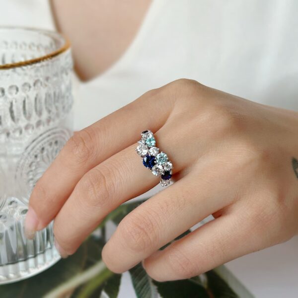 18K White Gold Lab Grown Sapphire And Ntural Aquamarine Tight Cluster Ring