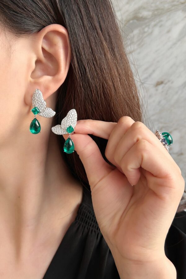 18K White Gold Lab Grown Emerald Butterfly Earrings - Image 5