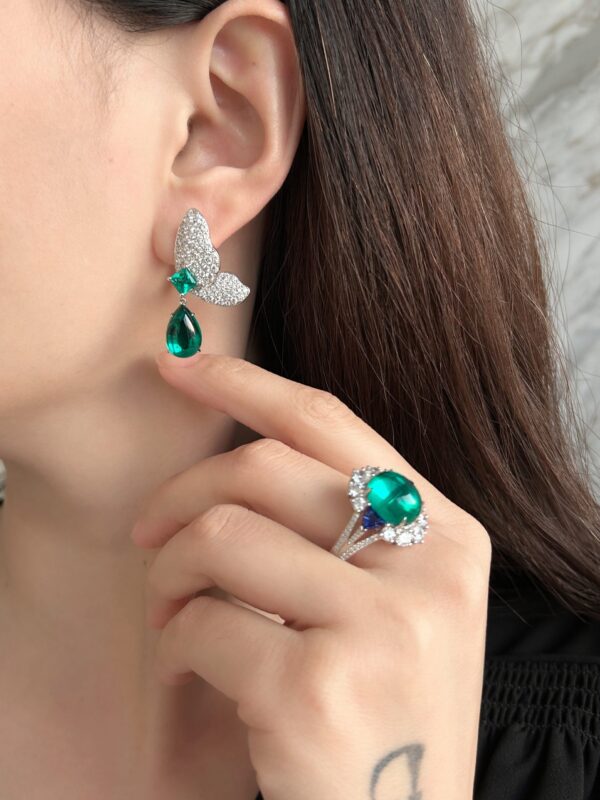 18K White Gold Lab Grown Emerald Butterfly Earrings - Image 4