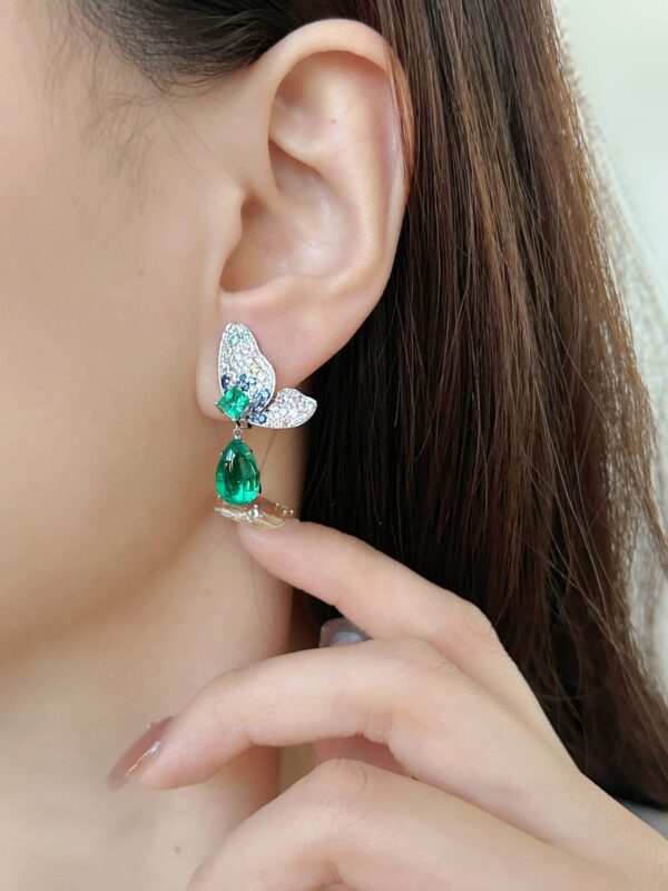 18K White Gold Lab Grown Emerald Butterfly Earrings - Image 3