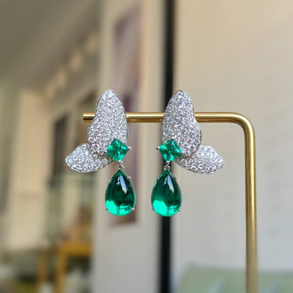 18K White Gold Lab Grown Emerald Butterfly Earrings