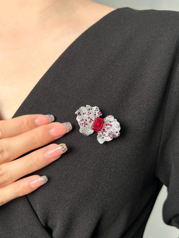 Gorgeous Flower, 18K Gold Lab Grown Ruby ​​ Brooch  Pendant Duo - Image 7