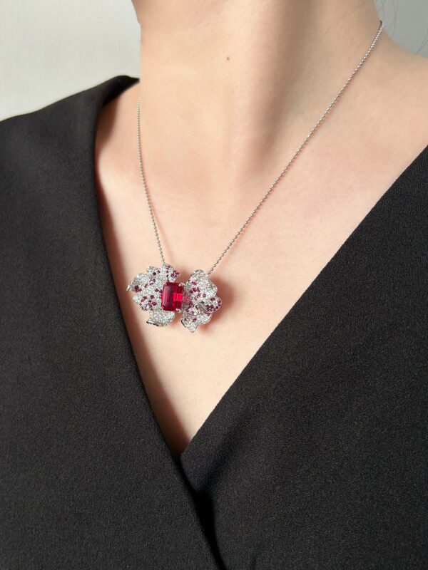 Gorgeous Flower, 18K Gold Lab Grown Ruby ​​ Brooch  Pendant Duo - Image 9