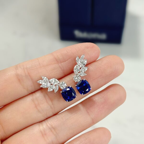 18K Cushion Lab Grown Sapphire Feathered Stud Earrings