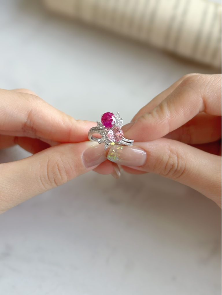 Lab grown Paparacha  and Pink Sapphire toi et moi Ring
